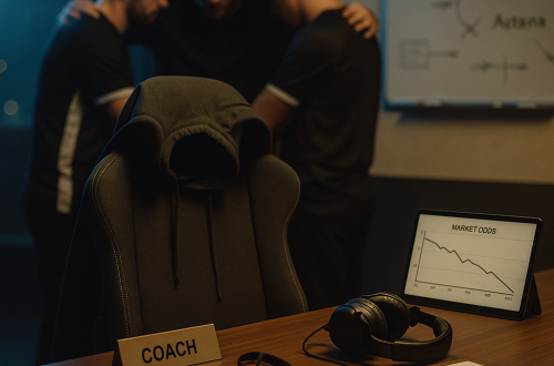 Backstage esports scene: an empty coach’s chair and headset in focus, with a calendar