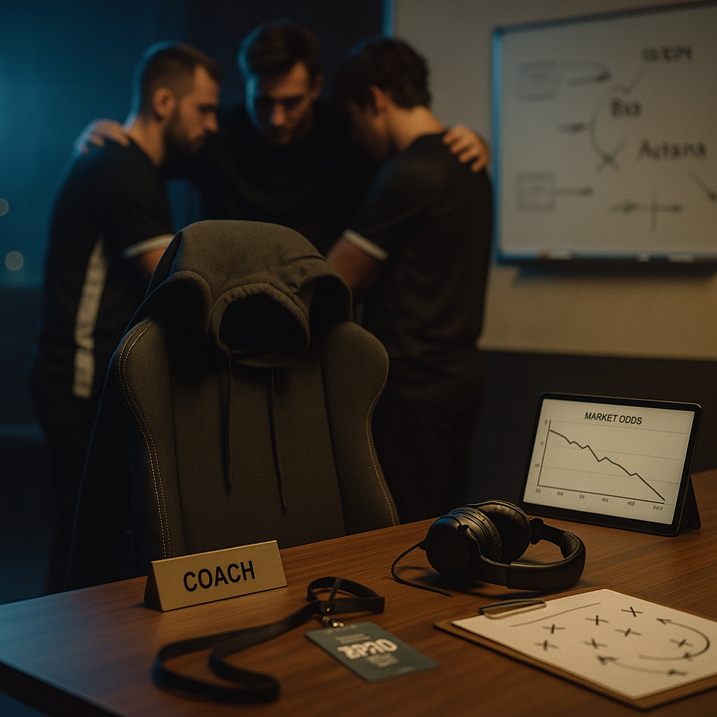 Backstage esports scene: an empty coach’s chair and headset in focus, with a calendar