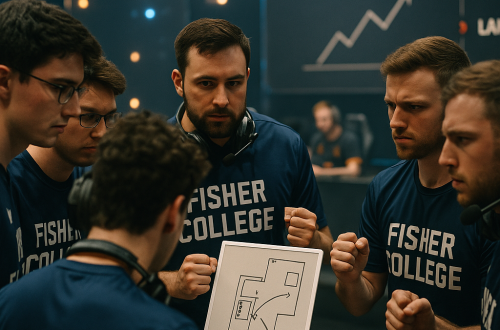 A photorealistic scene of Fisher College’s CS2 team huddled at a grand final timeout