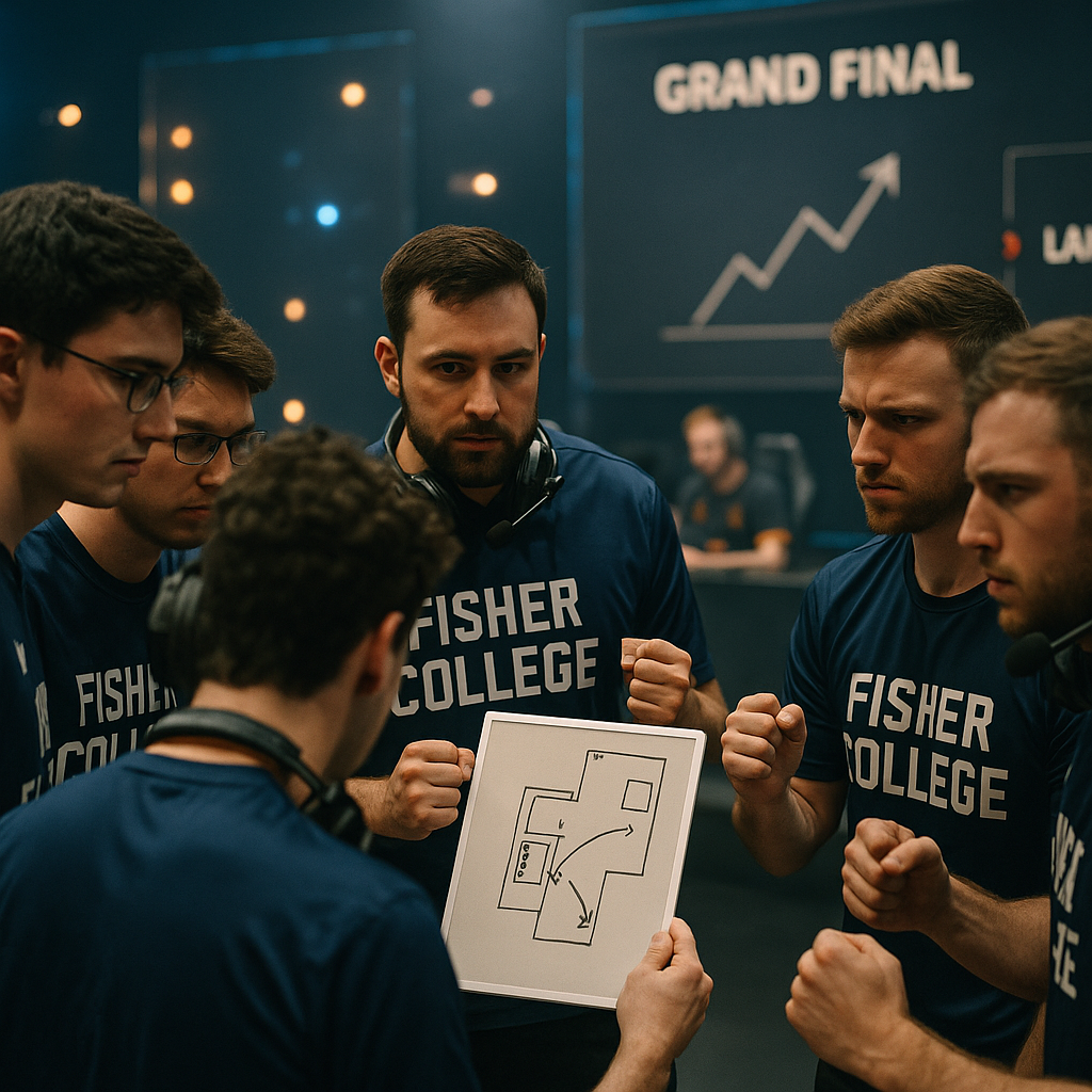 A photorealistic scene of Fisher College’s CS2 team huddled at a grand final timeout