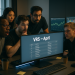 Photorealistic editorial photo of an esports bootcamp at dawn, team members reacting to an